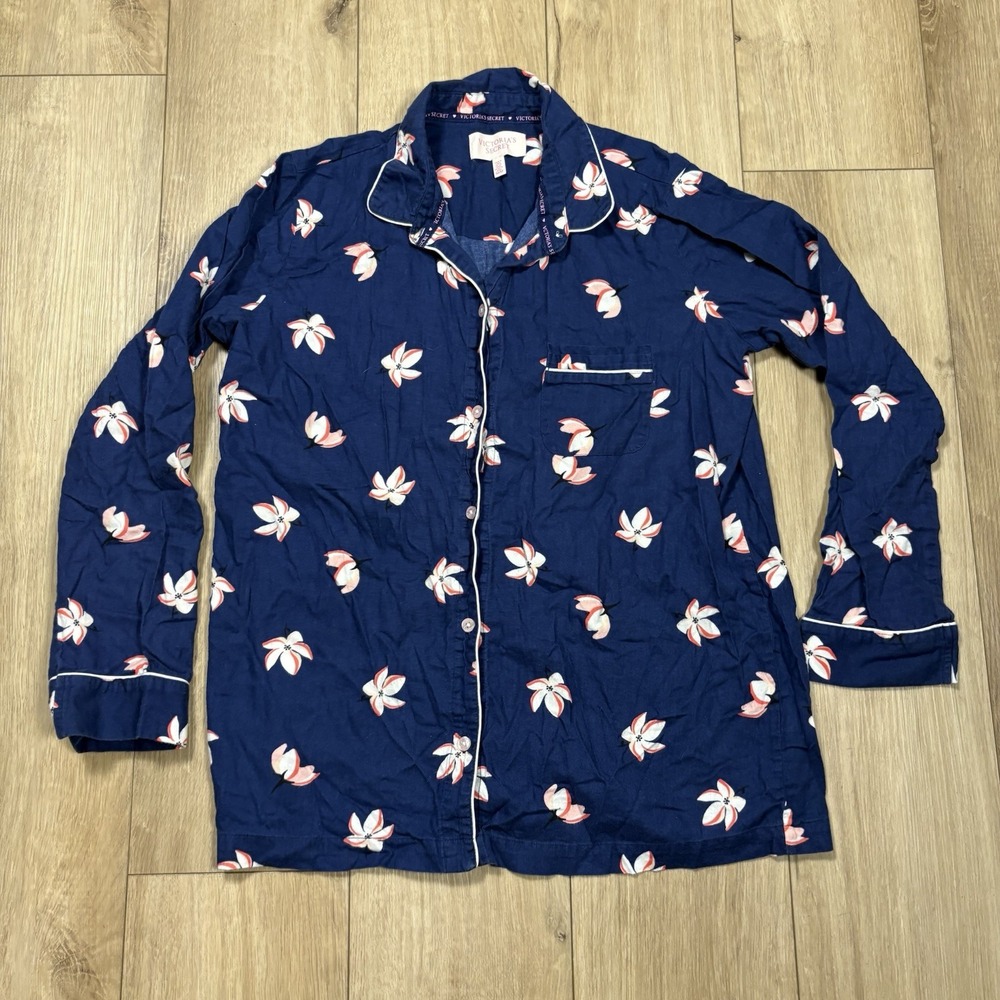 Victoria's Secret Blue Pink Women Size M Floral Long Sleeve Button Up Pajama Top
